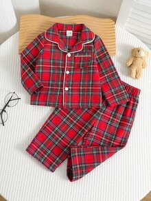 Baby Boy Tartan Print Contrast Piping PJ Set Autumn Winter - Red - View 3