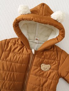Cozy Pixies 男嬰卡通熊貼布繡抓絨連帽長袖毛絨3D耳朵加厚連身衣，冬季百搭舒適 - 卡其色 - 查看 5