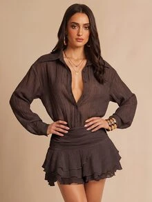 Silquee Elegante vestido mini de unicolor con volantes para ir al trabajo - Marrón - Ver 6