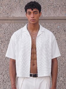 ESTAVOR 男士條紋短袖單排扣休閒通勤襯衫 - 白色 - 查看 8