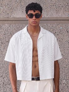 ESTAVOR 男士條紋短袖單排扣休閒通勤襯衫 - 白色 - 查看 9