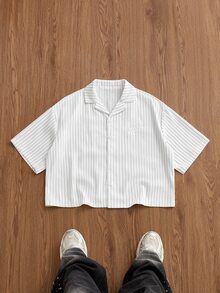 ESTAVOR 男士條紋短袖單排扣休閒通勤襯衫 - 白色 - 查看 3