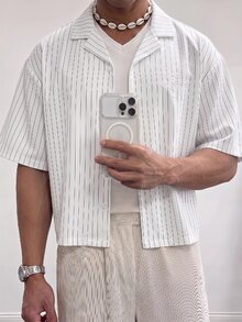 ESTAVOR 男士條紋短袖單排扣休閒通勤襯衫 - 白色 - 查看 2
