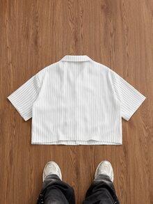 ESTAVOR 男士條紋短袖單排扣休閒通勤襯衫 - 白色 - 查看 4