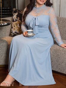 Modelyn Plus Size Foggy Blue Lace Patchwork Long Sleeve Bow Tie Ruched Top + Elastic Waist Full Skirt Two Pieces Set Elegant Women's Autumn Outfit - Dusty Blue - View 6