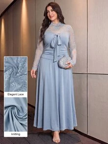 Modelyn Plus Size Foggy Blue Lace Patchwork Long Sleeve Bow Tie Ruched Top + Elastic Waist Full Skirt Two Pieces Set Elegant Women's Autumn Outfit - Dusty Blue - View 4