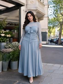Modelyn Plus Size Foggy Blue Lace Patchwork Long Sleeve Bow Tie Ruched Top + Elastic Waist Full Skirt Two Pieces Set Elegant Women's Autumn Outfit - Dusty Blue - View 1