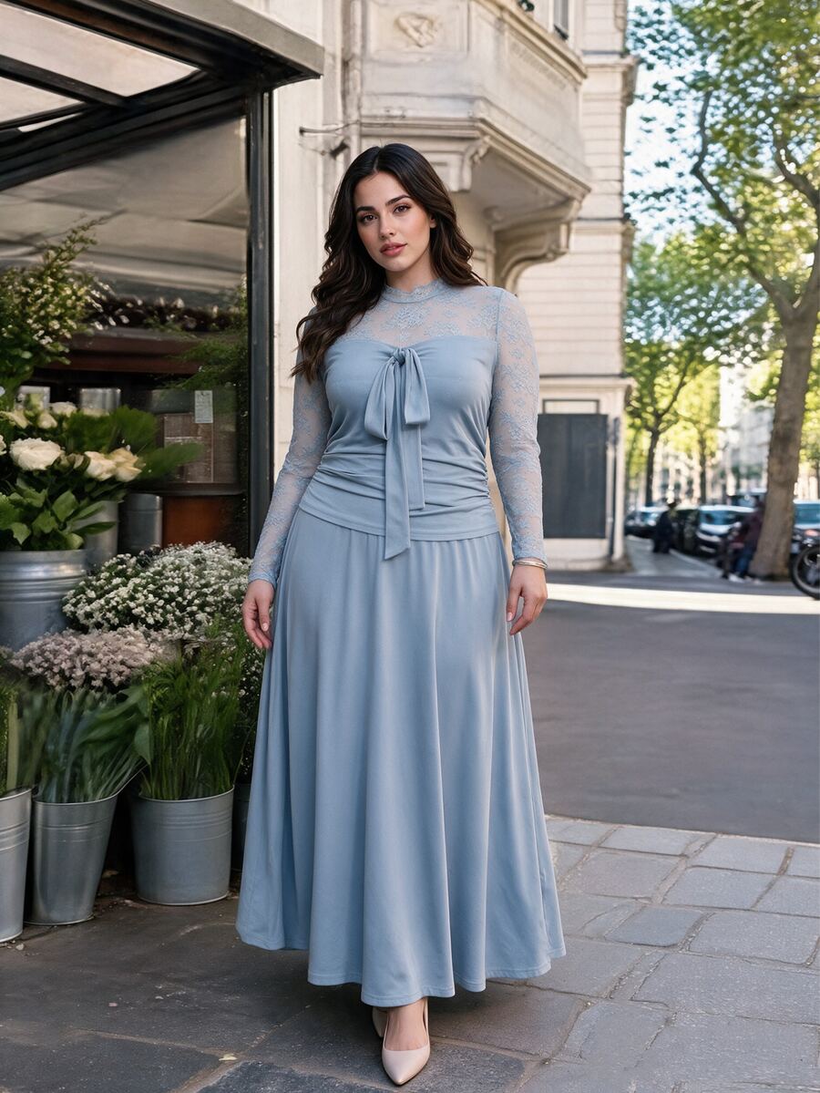 Modelyn Plus Size Foggy Blue Lace Patchwork Long Sleeve Bow Tie Ruched Top + Elastic Waist Full Skirt Two Pieces Set Elegant Women's Autumn Outfit - Dusty Blue - View 1