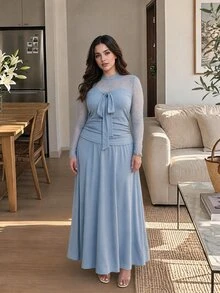 Modelyn Plus Size Foggy Blue Lace Patchwork Long Sleeve Bow Tie Ruched Top + Elastic Waist Full Skirt Two Pieces Set Elegant Women's Autumn Outfit - Dusty Blue - View 3