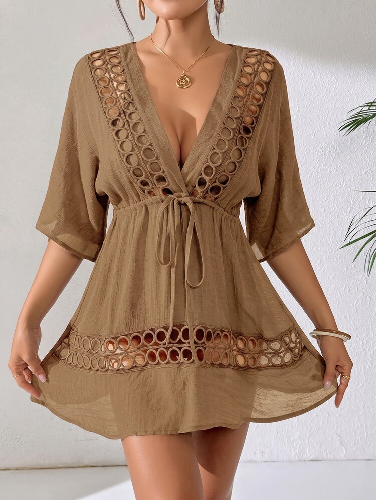 Swim Lushoire Women's Black Deep V-Neck Casual Top Cover-Up, Spring/Summer - Brown - View 6