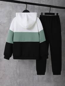 SHEIN 2件組兒童青少年男孩休閒日常百搭舒適寬鬆連帽前開襟秋季衛衣 + 對比色休閒運動長褲，抓絨 - 黑與白 - 查看 3