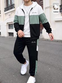 SHEIN 2件組兒童青少年男孩休閒日常百搭舒適寬鬆連帽前開襟秋季衛衣 + 對比色休閒運動長褲，抓絨 - 黑與白 - 查看 5