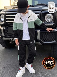 SHEIN 2件組兒童青少年男孩休閒日常百搭舒適寬鬆連帽前開襟秋季衛衣 + 對比色休閒運動長褲，抓絨 - 黑與白 - 查看 4