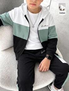 SHEIN 2件組兒童青少年男孩休閒日常百搭舒適寬鬆連帽前開襟秋季衛衣 + 對比色休閒運動長褲，抓絨 - 黑與白 - 查看 6