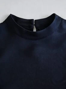 SHEIN Franclia 亞洲新中式簡約小立領無袖上衣與拼色裙 2 件套，杏色 - 藏蓝色 - 查看 4