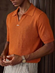 Vientiro Men's Solid Color Casual Versatile Daily Wear Knit Top - Orange - View 3