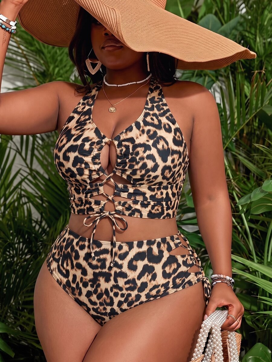 Slaydiva Plus Size Women Summer Beach Vacation Leopard Print Halter Tankini Triangle Bottom Two Pieces Swimwear Set Beige Sexy - Multicolor - View 1