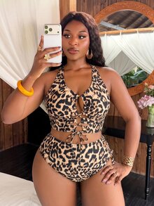 Slaydiva Plus Size Women Summer Beach Vacation Leopard Print Halter Tankini Triangle Bottom Two Pieces Swimwear Set Beige Sexy - Multicolor - View 3