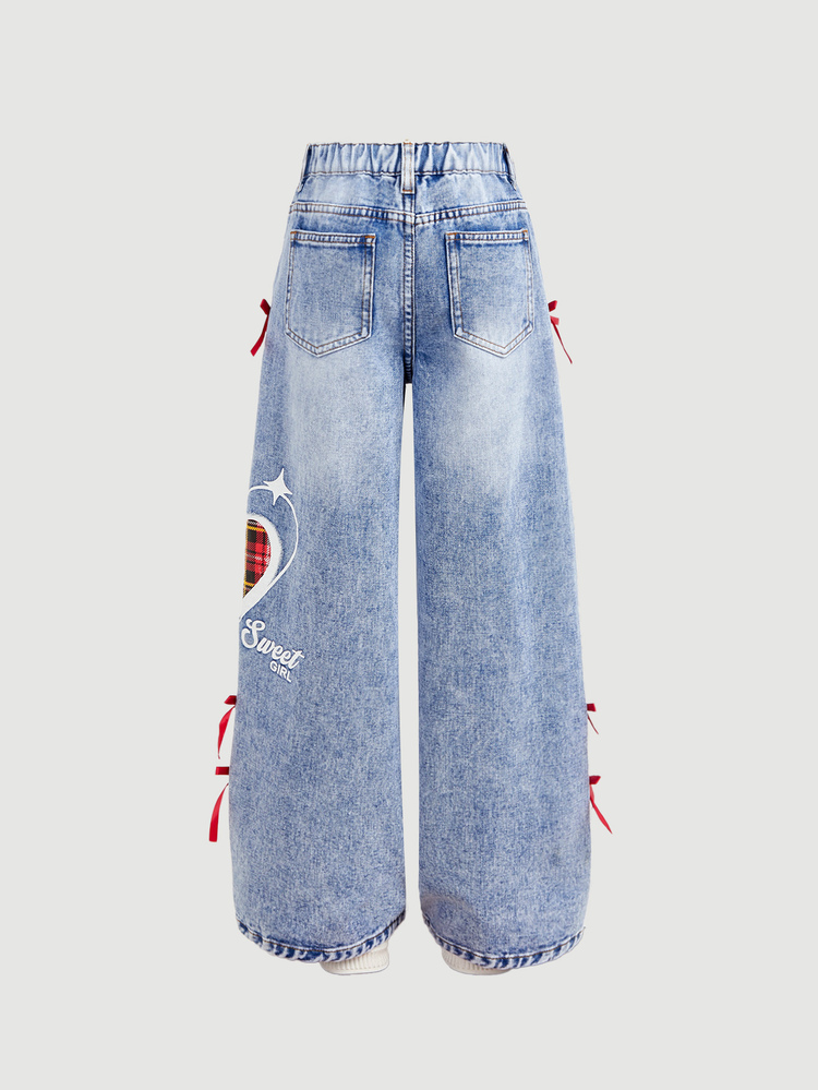 Girlism Kids Tween Girl Y2k Christmas Check-Pattern Heart-Shaped Design Ribbon Bow Blue Loose-Fitting Jeans - Blue - View 2