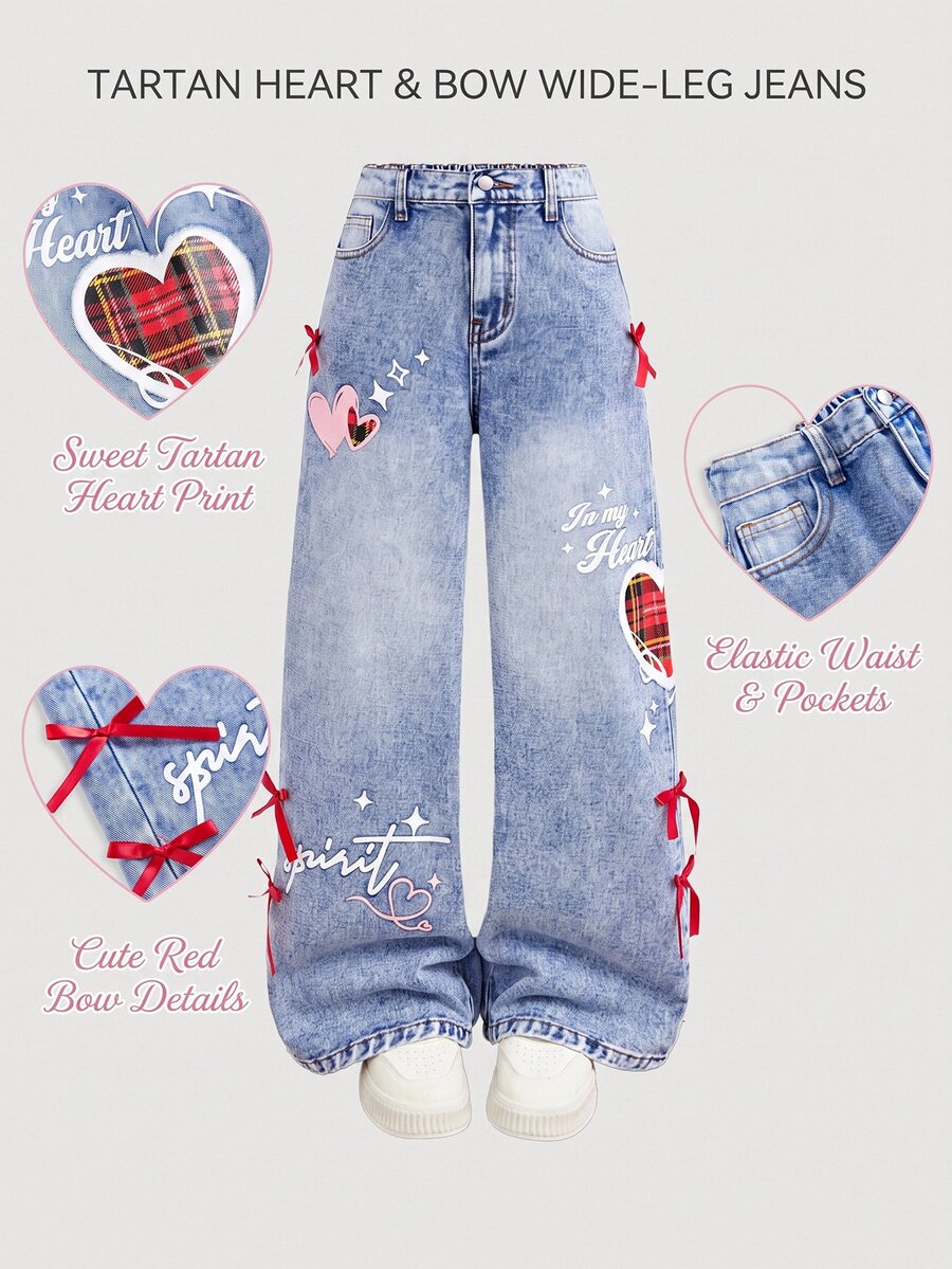 Girlism Kids Tween Girl Y2k Christmas Check-Pattern Heart-Shaped Design Ribbon Bow Blue Loose-Fitting Jeans - Blue - View 1