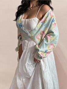 CovetEZ 大尺碼女款花卉印花長袖單排扣針織開襟衫，淺粉色，適合約會之夜、辦公室，秋季可愛熱帶風，冬季穿搭 - 粉色 - 查看 1