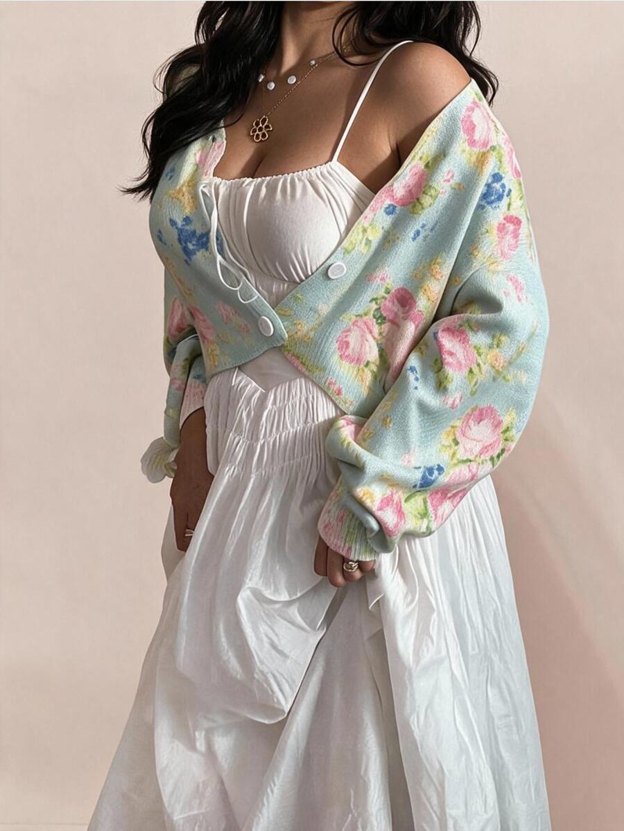 CovetEZ 大尺碼女款花卉印花長袖單排扣針織開襟衫,淺粉色,適合約會之夜、辦公室,秋季可愛熱帶風,冬季穿搭 - 粉色 - 查看 1