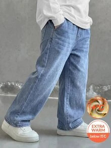 兒童青少年男孩時尚休閒 Y2K 寬鬆版型秋冬藍色丹寧帆布牛仔褲，適合黑色系返校穿搭 - 藍色 - 查看 4