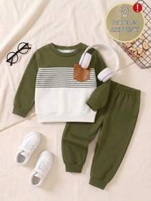SHEIN 1 Random Set, Comfortable Fashionable Simple Striped Print Crew Neck Sweatshirt & Sports Pants 2-Piece Set, Autumn/Winter - Multicolor - View 3