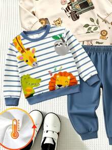 SHEIN 1 Random Set, Comfortable Fashionable Simple Striped Print Crew Neck Sweatshirt & Sports Pants 2-Piece Set, Autumn/Winter - Multicolor - View 5