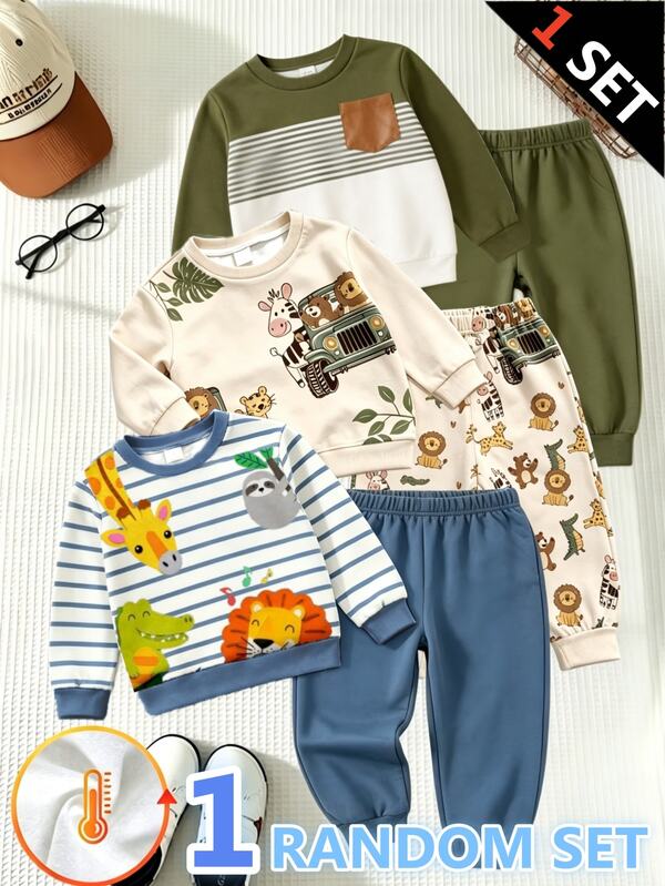 SHEIN 1 Random Set, Comfortable Fashionable Simple Striped Print Crew Neck Sweatshirt & Sports Pants 2-Piece Set, Autumn/Winter