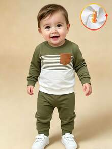SHEIN 1 Random Set, Comfortable Fashionable Simple Striped Print Crew Neck Sweatshirt & Sports Pants 2-Piece Set, Autumn/Winter - Multicolor - View 6