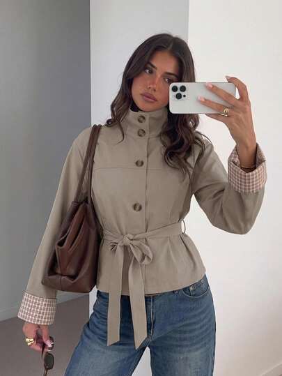 Siren Gaze Women's Stylish Beige Short Trench Coat With High Collar And Plaid Cuff Details Fashionable Belted Jacket, Women's Autumn Jacket,Funnel Neck Jacket