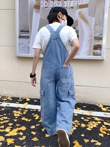 SHEIN Kids Tween Boy Fashion Casual Y2k Pockets Design Blue Loose-Belted Jeans For Black To School - Blue - View 2