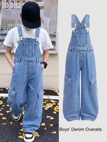 SHEIN Kids Tween Boy Fashion Casual Y2k Pockets Design Blue Loose-Belted Jeans For Black To School - Blue - View 3