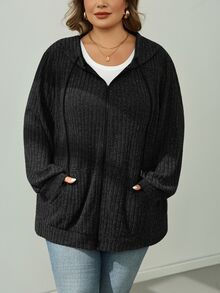 SHEIN CURVE+ 大尺碼女款深綠色拉鍊連帽衛衣外套，輕量針織抓絨休閒抽繩連帽運動服，附口袋，秋季徒步冬季穿著 - 黑色 - 查看 3