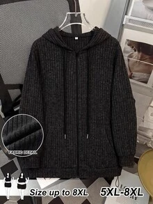SHEIN CURVE+ 大尺碼女款深綠色拉鍊連帽衛衣外套，輕量針織抓絨休閒抽繩連帽運動服，附口袋，秋季徒步冬季穿著 - 黑色 - 查看 11
