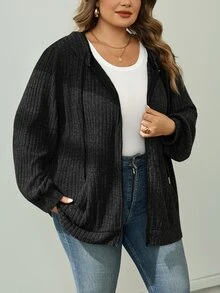 SHEIN CURVE+ 大尺碼女款深綠色拉鍊連帽衛衣外套，輕量針織抓絨休閒抽繩連帽運動服，附口袋，秋季徒步冬季穿著 - 黑色 - 查看 5