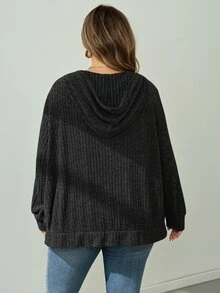 SHEIN CURVE+ 大尺碼女款深綠色拉鍊連帽衛衣外套，輕量針織抓絨休閒抽繩連帽運動服，附口袋，秋季徒步冬季穿著 - 黑色 - 查看 9