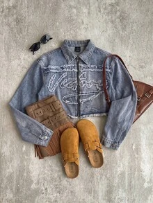 SHEIN ICON Women's Letter Patchwork Raw Edge Zipper Placket Casual Denim Jacket - Light Wash - View 1