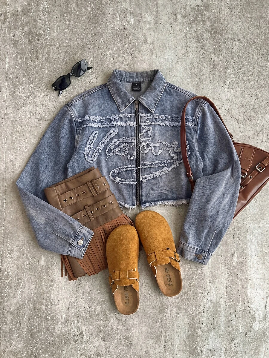 SHEIN ICON Women's Letter Patchwork Raw Edge Zipper Placket Casual Denim Jacket - Light Wash - View 1