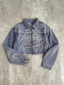 SHEIN ICON Women's Letter Patchwork Raw Edge Zipper Placket Casual Denim Jacket - Light Wash - View 5