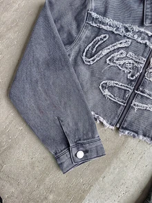 SHEIN ICON Women's Letter Patchwork Raw Edge Zipper Placket Casual Denim Jacket - Light Wash - View 4
