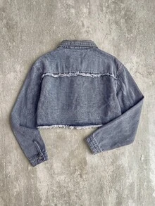 SHEIN ICON Women's Letter Patchwork Raw Edge Zipper Placket Casual Denim Jacket - Light Wash - View 3