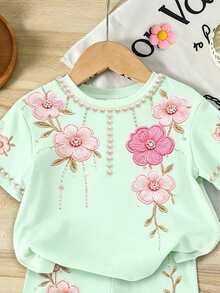 2件組女嬰水果綠夏季可愛3D刺繡大花珍珠印花休閒簡約短袖圓領T恤與修身配套短褲套裝，戶外可愛夏季女嬰穿搭，韓風，返校季 - 彩色 - 查看 3