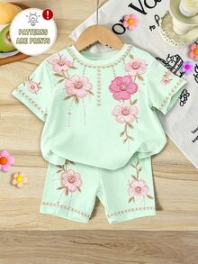 2件組女嬰水果綠夏季可愛3D刺繡大花珍珠印花休閒簡約短袖圓領T恤與修身配套短褲套裝，戶外可愛夏季女嬰穿搭，韓風，返校季 - 彩色 - 查看 4