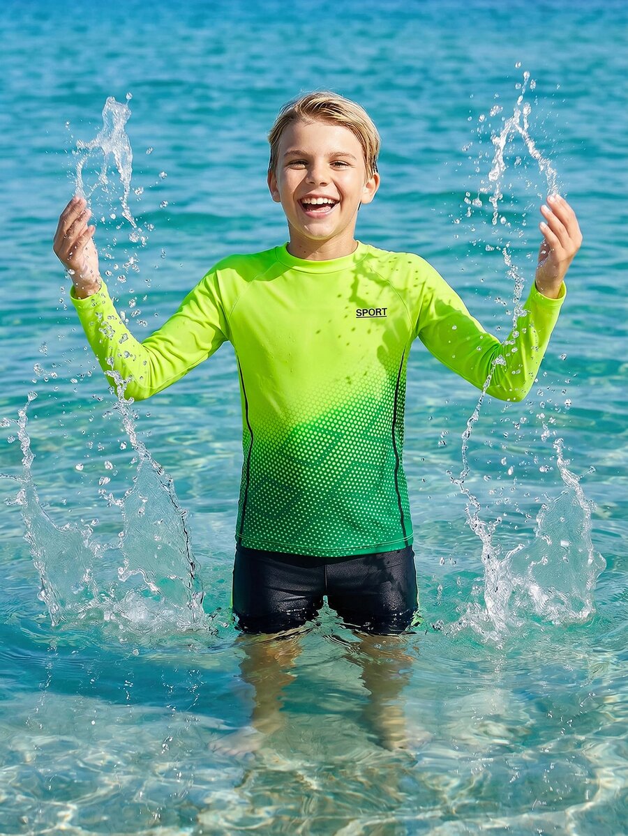 SHEIN Baju Renang Tankini 2 Potong Motif Video Game Glow-In-The-Gark Kasual untuk Anak Laki-Laki Remaja, Cocok untuk Musim Semi/Panas, Liburan Pantai, Teman Bermain yang Sopan