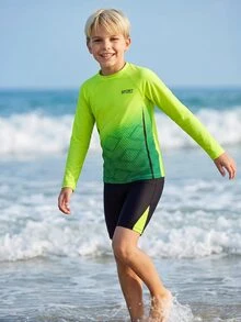 SHEIN 青少年男孩休閒修身款電玩發光圖案兩件式泳衣，適合春夏季海邊度假 - 彩色 - 查看 4