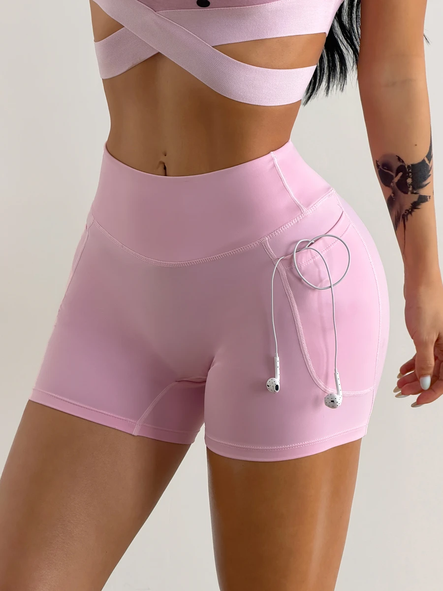 Coolane Women High Waist 4 Inch Yoga Shorts, Seamless Biker Shorts For Workout - Pink - View 1