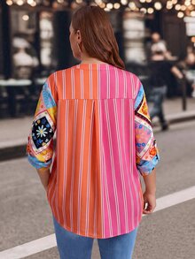 EMERY ROSE Women's Plus Size Vacation Casual Striped Patchwork Floral Print Shirt - Multicolor - View 3