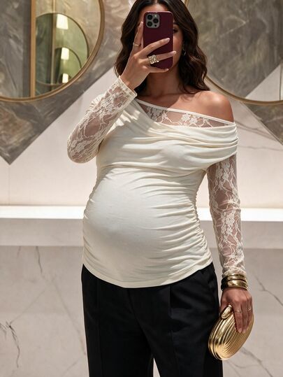MaterniChic Luxury Evening Elegant Party Tops For Pregnant Women,Elegant Lace Patchwork Asymmetric Collar T-Shirt For Pregnant Women,Autumn